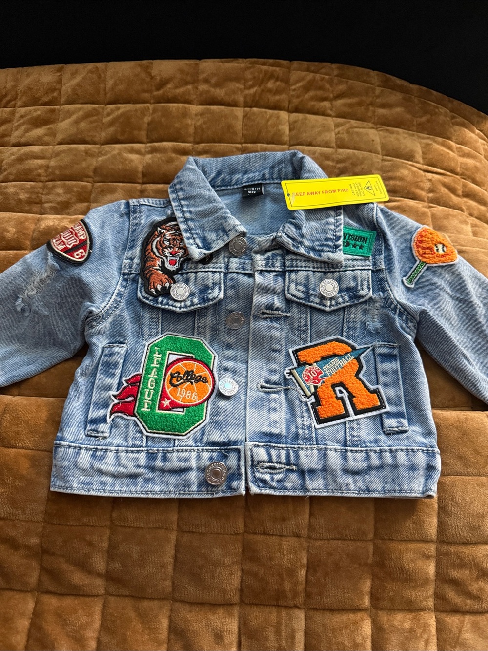 SHEIN Light Blue Denim Jacket with Colorful Patch Appliqués
